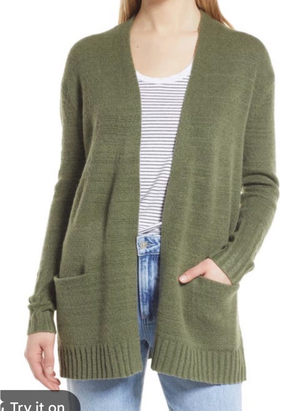 Caslon Olive Open-Front Knit Cardigan with Pockets